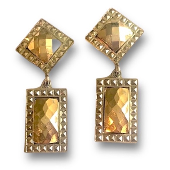 Gold and Silver tone square & rectangular Facetted Dangle Earrings - Picture 5 of 5